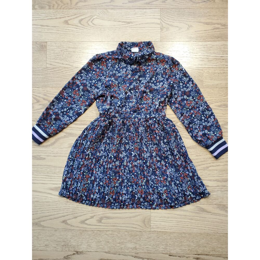 HEMA Girls 110 (US 5T) Floral Pleated Buttoned Collared Dress Navy Long Sleeve
